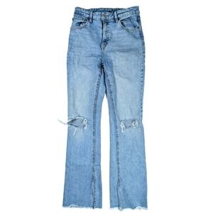 INC Denim Blue Distressed High Rise Flare Raw Hem Jeans Women's Size 6 28x32